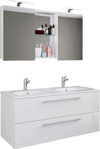 VCM Badmöbel-Set Budasi 3-teilig in Weiss mit Doppelwaschbecken, Unterschrank und Spiegelschrank - Bild 1