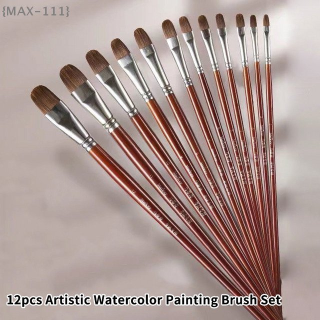 12-teiliges Wieselhaar-Ölmalpinsel-Set F2-MAX111 mit Haselnussförmigen Reihenpinseln und Birkenholzgriff in Braun für Acrylmalerei und Kunstbedarf - Bild 1