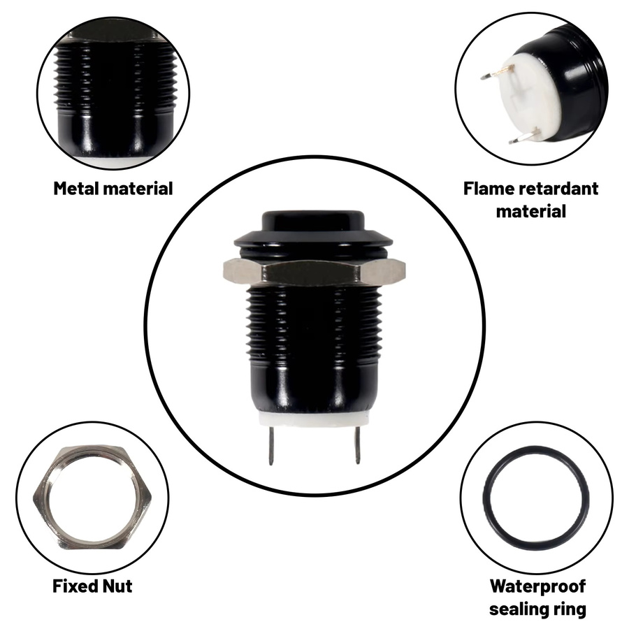 AOKIN Momentan-Drucktastenschalter Set aus Aluminiumlegierung, 6 Stück, runder Kopf, Farbe Schwarz, 12 mm, wasserdicht - Bild 5
