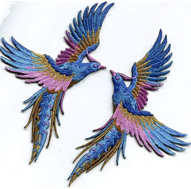 HYZELY Bestickte Phenix Vögel Applikationen in Azure Blau, Rosa und Gold als Bügelbilder für Textilien, 2er Set - Bild 1