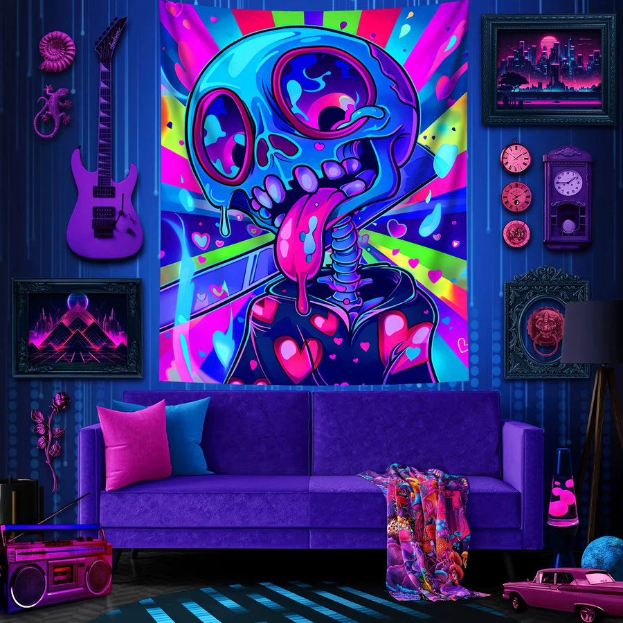 VIKAMA Wandteppich mit psychedelischem Totenkopf-Herz und Augapfel-Design in Multicolour, abstrakte Retro-Wanddekoration für dein Schlafzimmer oder Musiker-Studio, Breite: 40 cm, Höhe: 60 cm - Bild 2
