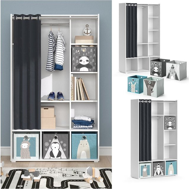 Vicco Kinderkleiderschrank Luigi Weiß mit Faltbox und Kleiderstange für Kinder- und Jugendzimmer B/H: 106 x 178 cm - Bild 1