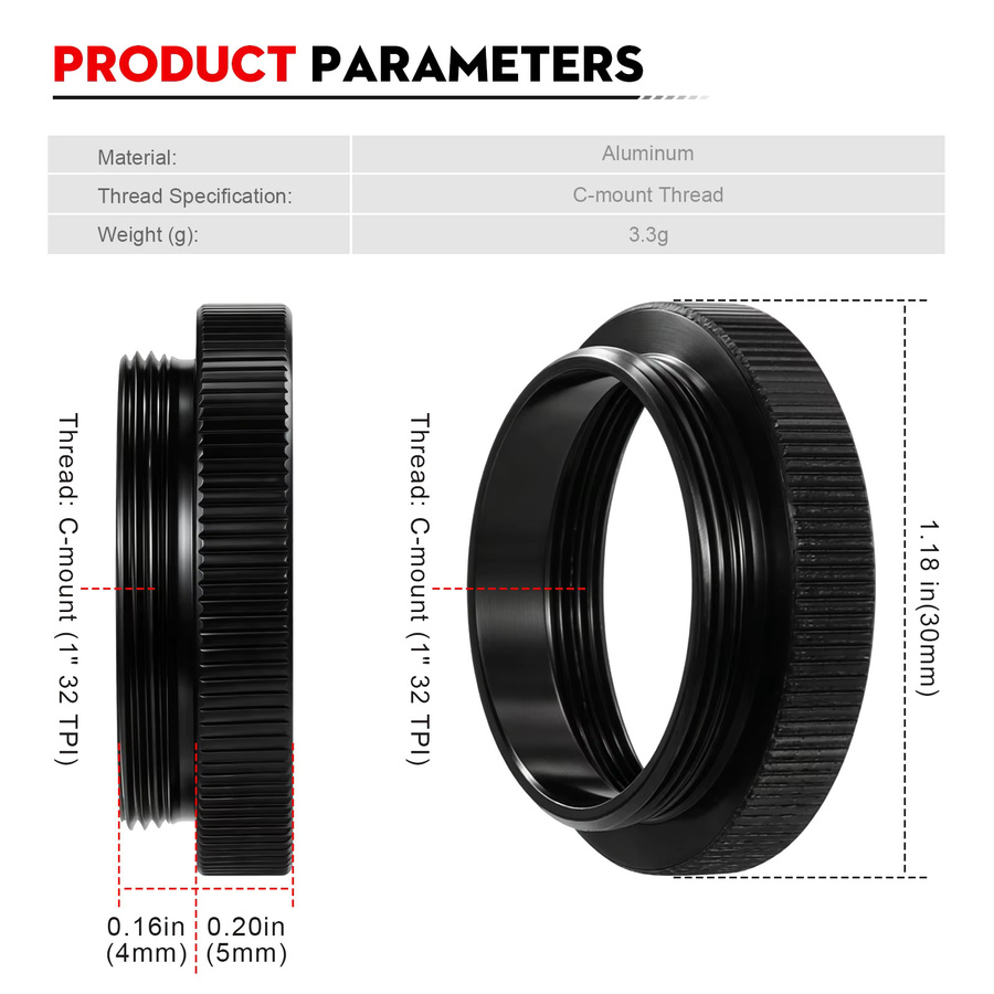 Datyson Präzisions-Metall-Verlängerungsring C/CS-Mount-Adapter für Industriekameras und Mikroskope, Schwarz, 5 mm - Bild 2