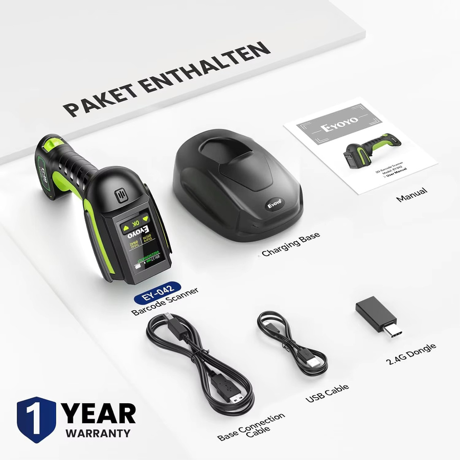 Eyoyo Industrieller Barcode-Scanner 3-in-1 mit Bildschirm, Wasserdichter 1D 2D Bluetooth Kabelloser Strichcode-Leser mit Ladestation, Schwarz - Bild 6