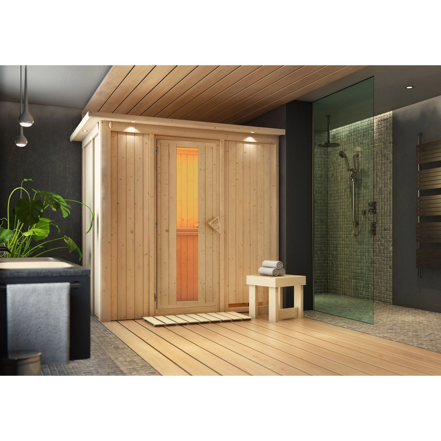 Karibu Sauna Vera mit LED-Dachkranz aus Fichte und Espenholz in Braun, B/T/H: 210 x 132 x 202 cm - Bild 2
