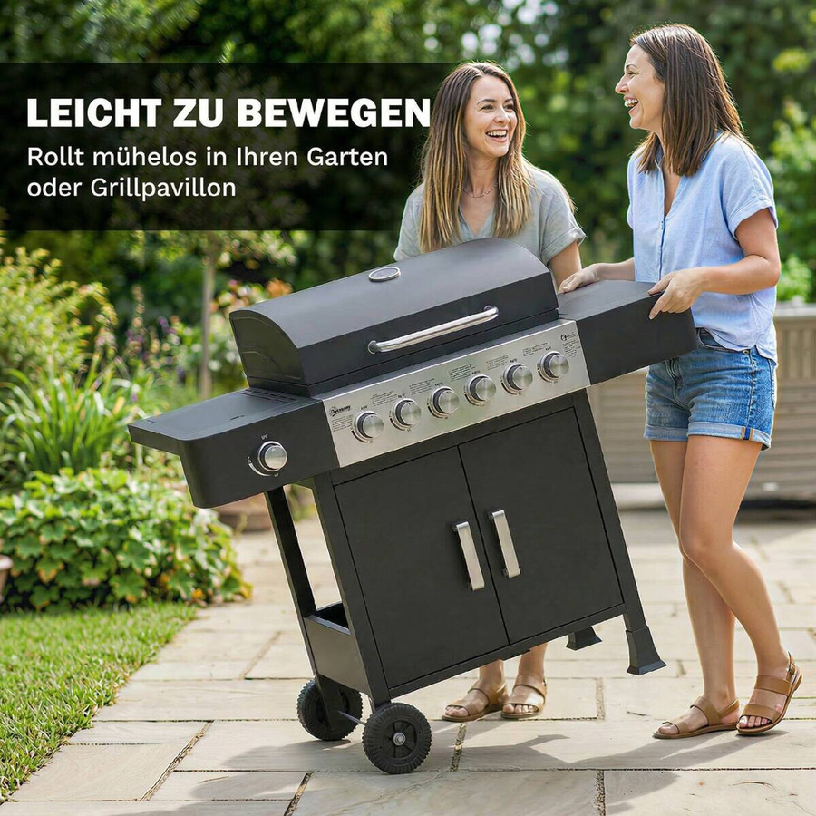 Outsunny Gasgrill aus Edelstahl mit 6+1 Brennern, Seitenbrenner, Thermometer und Rollen, Farbe: Schwarz, B/H/T: 51 x 101 x 135 cm - Bild 6