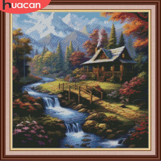 HUACAN Kreuzstich DIY Stickerei Set Landschaft mit Natur und Wasserfall auf bedruckter Leinwand, Mehrfarbig - Bild 1