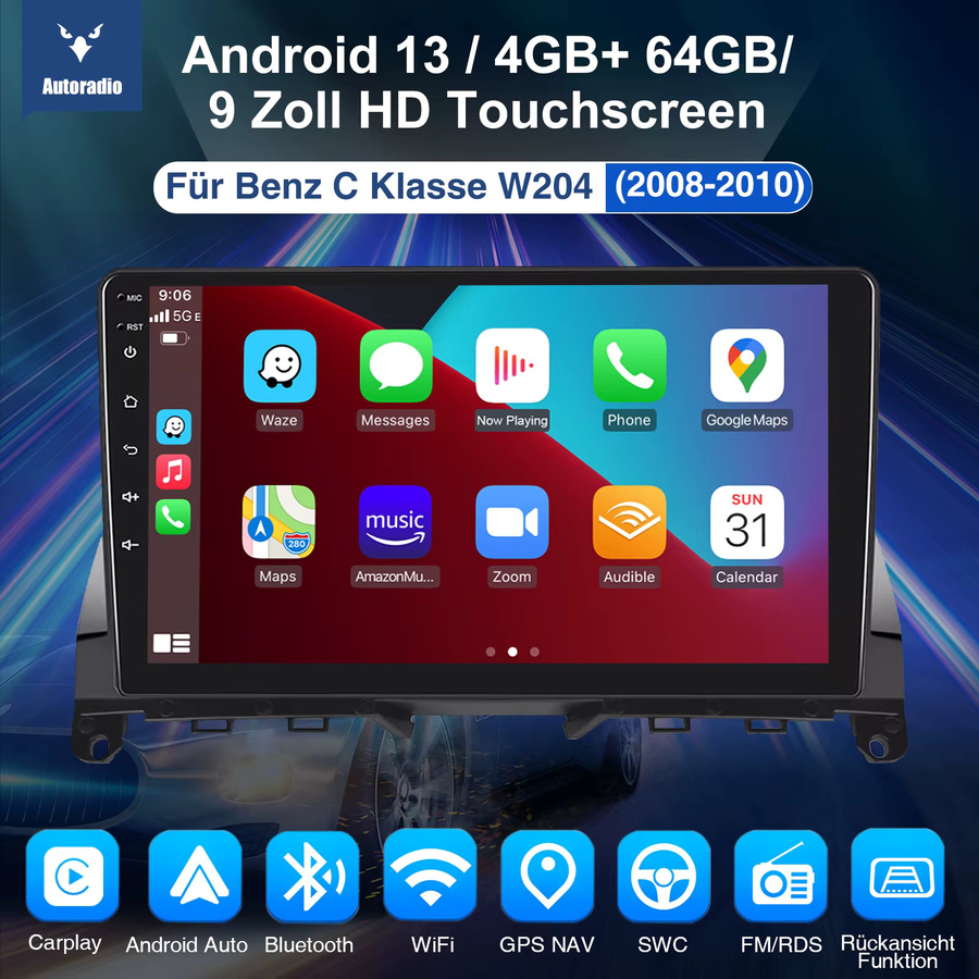 ESSGOO Autoradio mit 9 Zoll HD Touchscreen für Mercedes Benz C-Klasse W204 2006-2011, Android 13, 64GB, kabelloses CarPlay, GPS, Wifi, Bluetooth, Schwarz - Bild 2