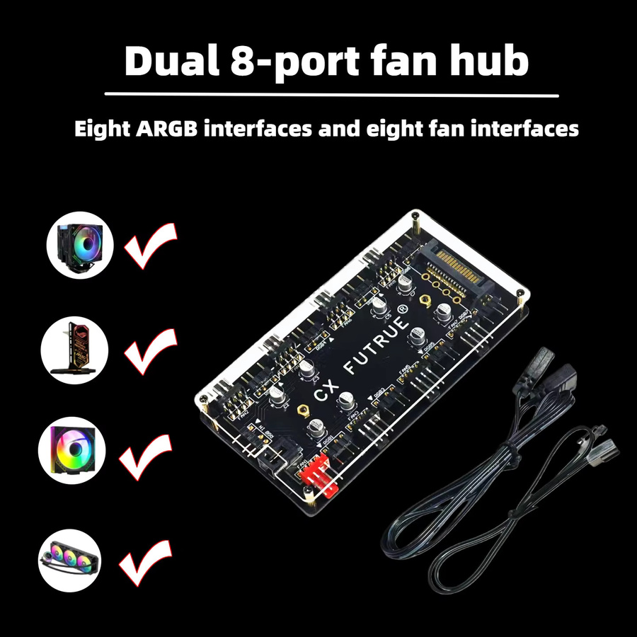 AuyiHomu Computer-Gehäuse-Lüfter-Hub in Schwarz mit 8 PWM- und ARGB-Anschlüssen (12V 4-Pin und 5V 3-Pin) - Bild 4