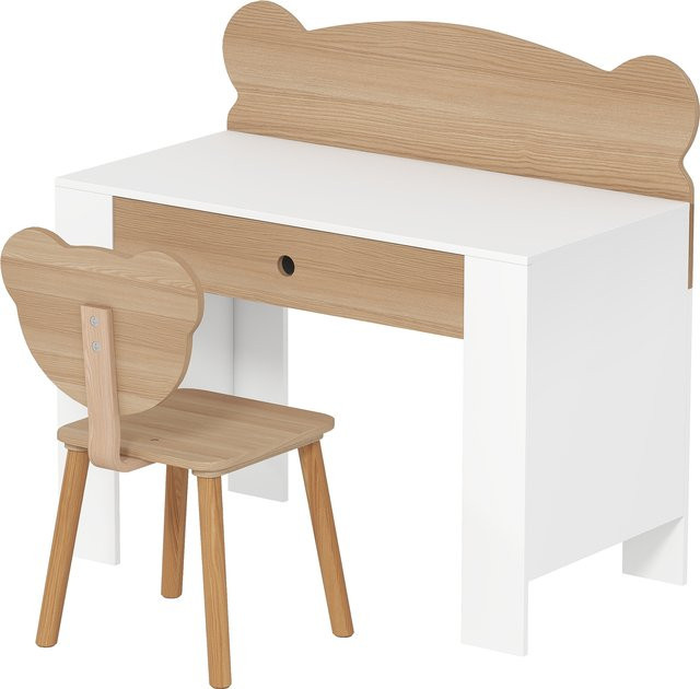 AIYAPLAY Kinderschreibtisch Set mit Tischplatte, Schublade und Stuhl in Bärenform, Naturholz, Braun - Bild 1