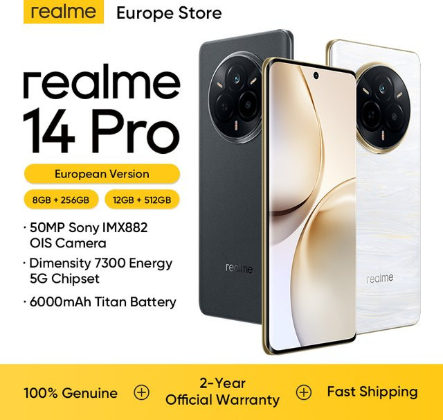 realme 14 Pro Smartphone 5G in Weiß mit 6000mAh Akku, 45W Ladung, 50MP IMX882 OIS Kamera, Dimensity 7300 und 120Hz gebogenem Display (EU-Version) - Bild 1