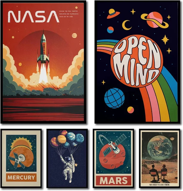 FajerminArt Retro Wandbild mit Sonnensystem, Planeten und Astronauten als Leinwand-Druck in Mehrfarbig - Bild 1