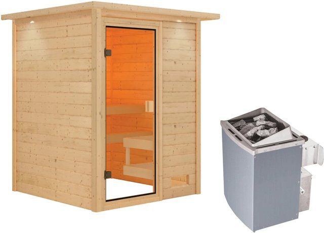 Karibu Massivholzsauna Sandra aus Fichtenholz und Espenholz in Braun mit 9 kW Ofen, integrierter Steuerung und LED-Dachkranz, B/T/H: 145 x 145 x 145 cm - Bild 1
