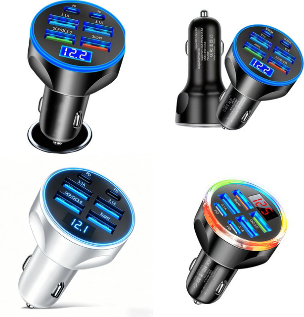 UYUXIO USB-C Multi-Port Schnelllade-Auto-Ladegerät mit Spannungsanzeige in Schwarz - Bild 1