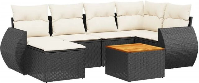 vidaXL 7-tlg Garten-Sofagarnitur in L-Form aus Polyrattan und Akazienholz mit Kissen in Schwarz - Bild 1