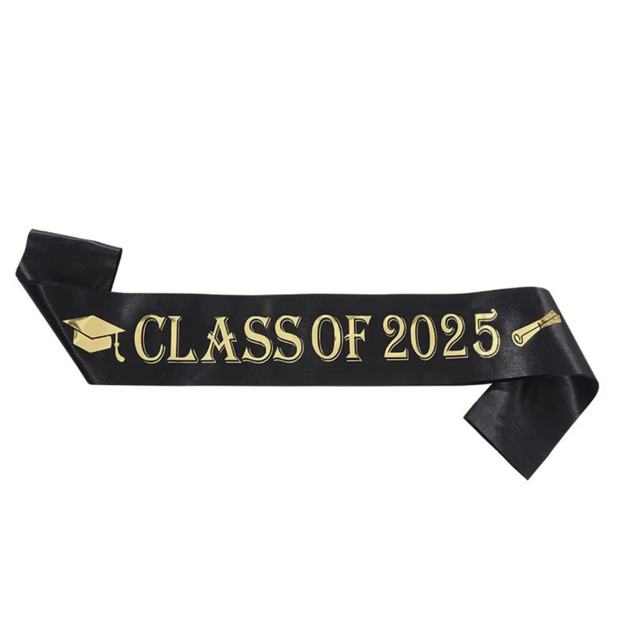 WakaParty Abschlussdekoration Klasse 2025 Satin-Schärpe in Schwarz und Blau mit Glitzer-Effekt - Bild 4