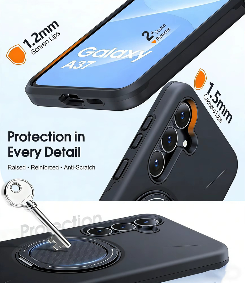 Stoßfeste Dual Layer Magnetische Schutzhülle mit Ringhalter und Kickstand für Samsung Galaxy A37 und Samsung Galaxy A57 in Schwarz - Bild 2