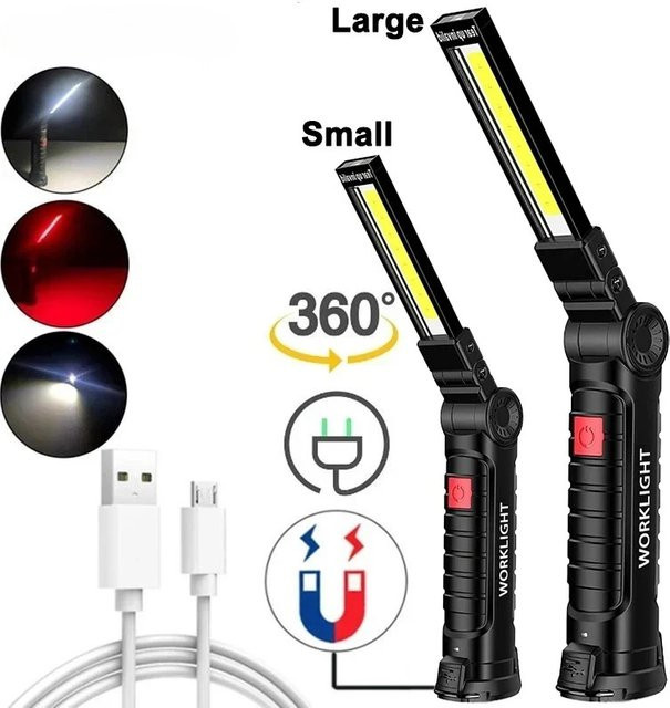 KDULIT Wiederaufladbare Camping-LED-Arbeitsleuchte mit COB-Taschenlampe, Magnet und Haken, wasserdicht, Schwarz - Bild 1