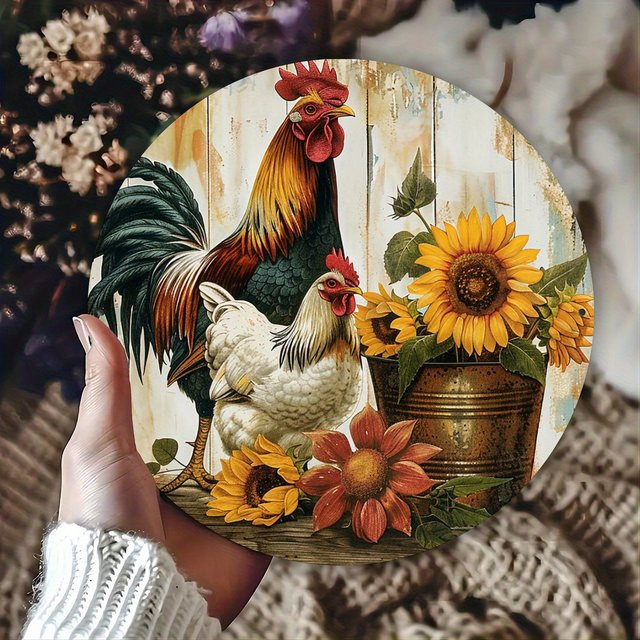 HELLOYOUNG Vintage Farmhouse Wandkunst aus Metall mit Hahn und Sonnenblumen, rund, Mehrfarbig, Durchmesser: 20 cm - Bild 1