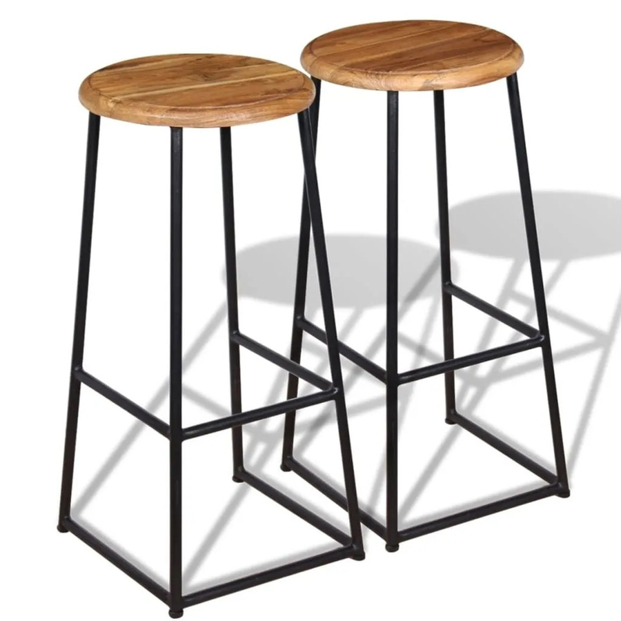 vidaXL Barhocker 2er Set aus massivem Teakholz und Eisen im Industrie-Design, Braun, Höhe: 76 cm, Breite: 35 cm, Tiefe: 35 cm - Bild 2