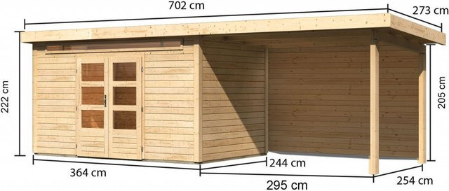 Gartenhaus aus Holz KANDERN 7 mit Anbaudach und Rückwand, Flachdachhaus naturbelassen, B/T: 364 x 244 cm, Wandstärke: 28 mm - Bild 1