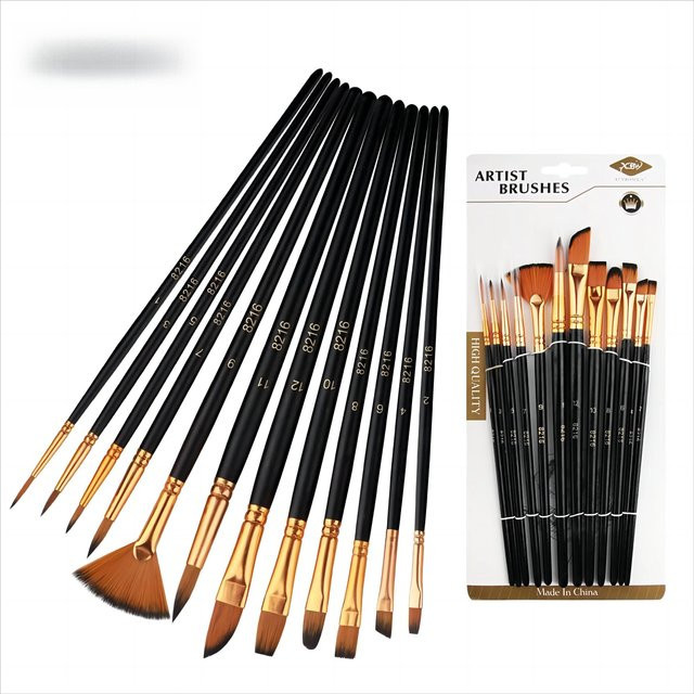 12-teiliges Pinselset von Love Home Garden mit schwarzen Nylonborsten für Aquarell, Öl und Acrylmalerei - Bild 1