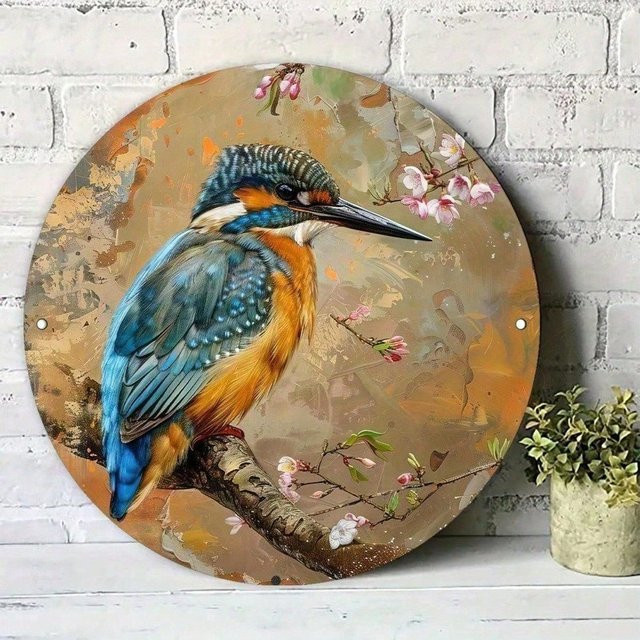 Vintage runde Wandkunsttafel aus Aluminiummetall von CIFBUY mit Blumen und Vögeln in Multicolour - Bild 1