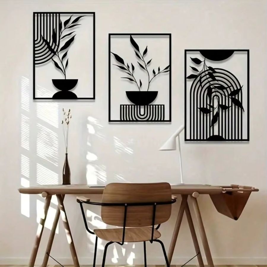 CIFBUY 3-teiliges Metall-Wandkunst-Set in Schwarz, minimalistische abstrakte Linien als Wanddekoration für Innen und Außen - Bild 3