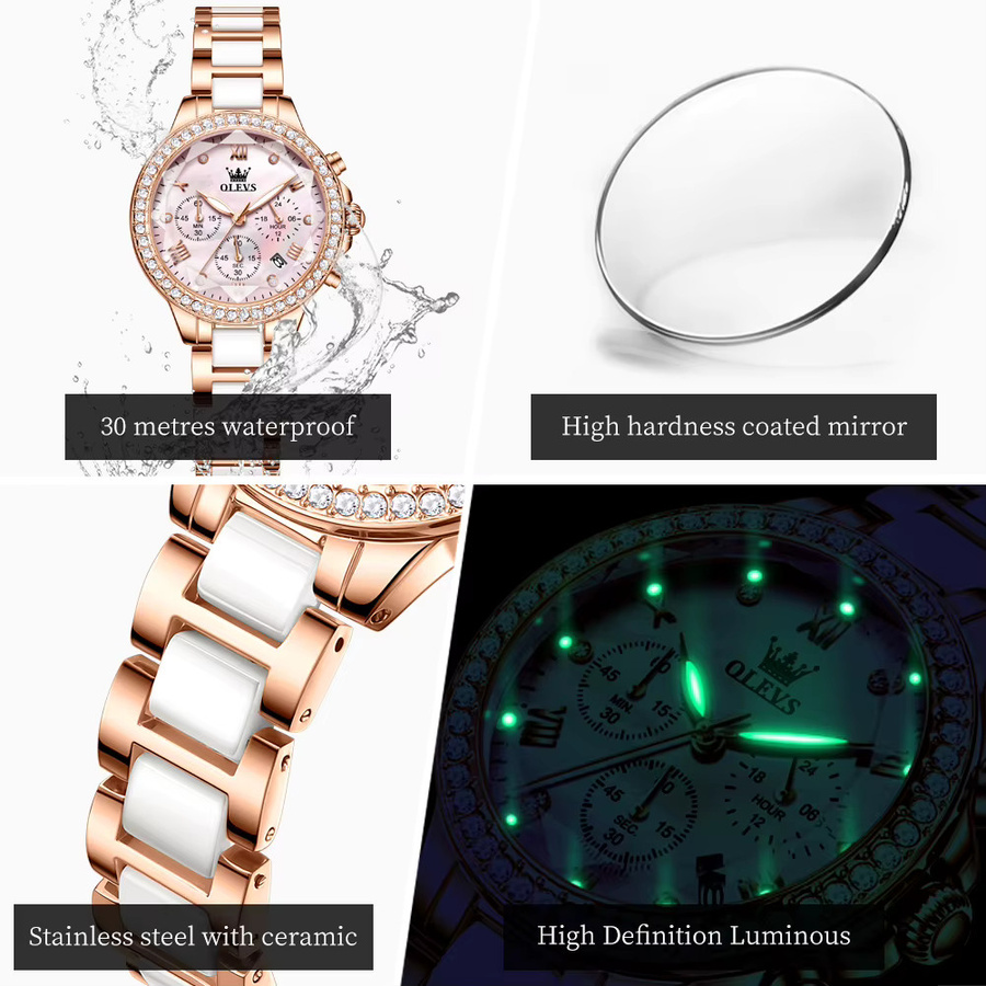 OLEVS Chronograph, Keramik, Roségold, Quarz, Damen - Bild 4