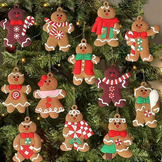 12 Stück DUTRIEUX Holz-Anhänger für Weihnachtsbaumschmuck in Multicolor mit Bär, Schneemann und Lebkuchenhaus - Bild 1