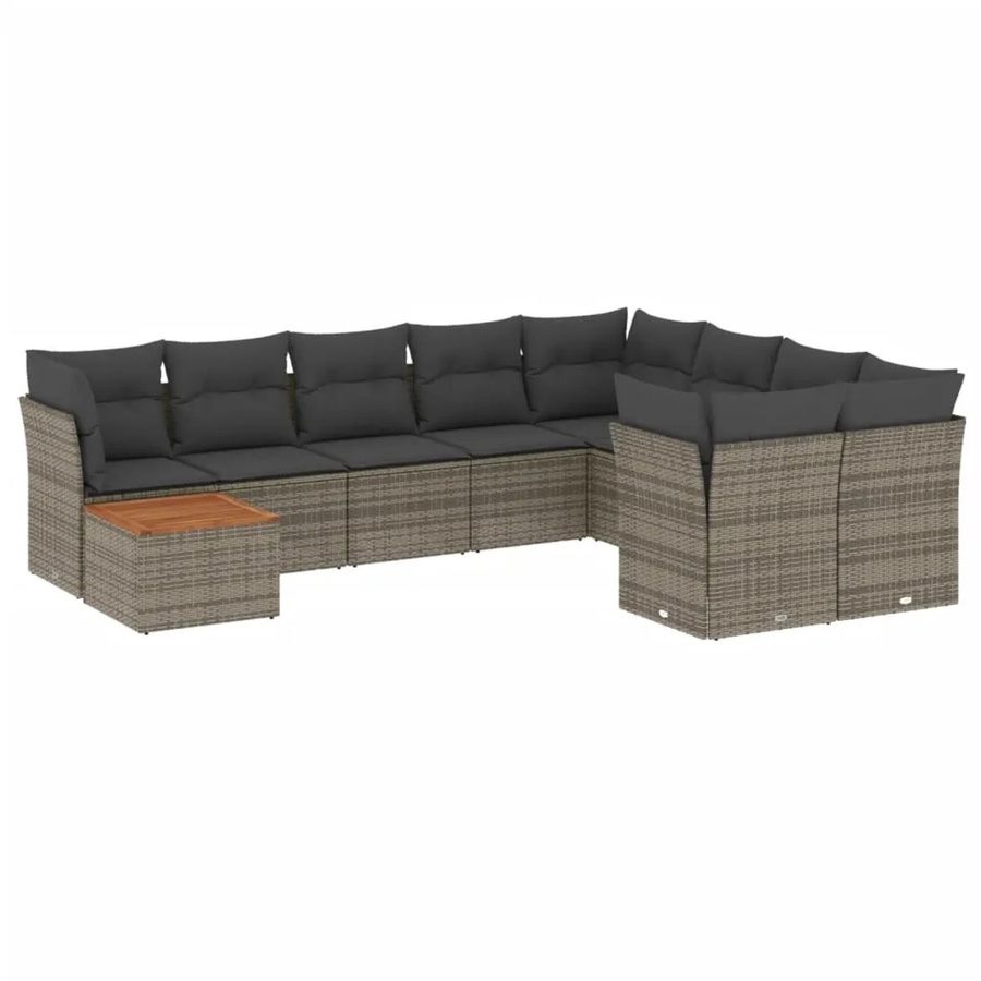 vidaXL 10-tlg Garten-Sofagarnitur aus Poly Rattan und Akazienholz in Grau mit Kissen - Bild 2