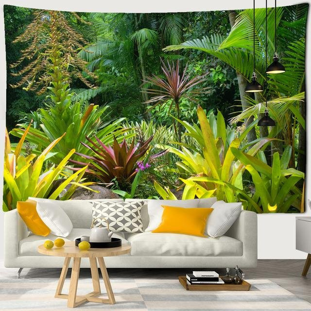 Bling Bling Tapestry Wandteppich mit Natur- und Blumenmotiv in Grün, Boho Wandbehang mit Wald- und Mandala-Design, B x H: 150 x 130 cm - Bild 1