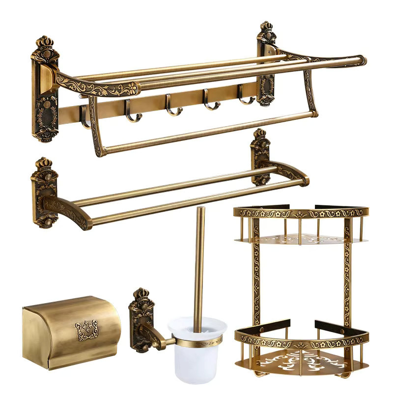 Tuqiu Badezimmer-Set aus Aluminium in Gold, Wandmontage mit Regal, Handtuchhalter, Papierhalter, Toilettenbürstenhalter und Handtuchhaken - Bild 2