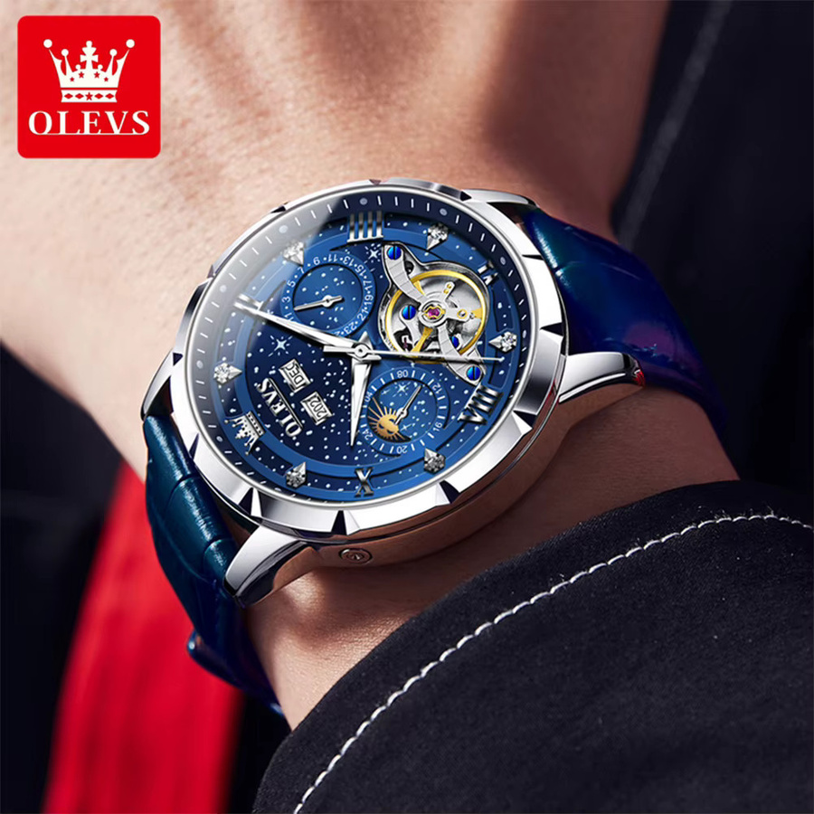 OLEVS Armbanduhr Automatik, Edelstahl, Blau, Leder, Herren - Bild 3