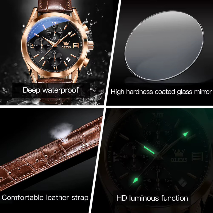 OLEVS Chronograph Armbanduhr, Quarz, Leder, Schwarz, Herren - Bild 6