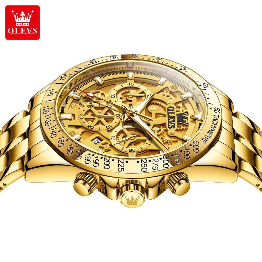 OLEVS Armbanduhr Chronograph, Edelstahl, Gold, Quarz, Herren - Bild 2