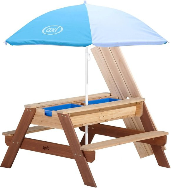 Axi Sand und Wasser Picknicktisch Nick in Braun mit blau-weißem Sonnenschirm - Bild 1