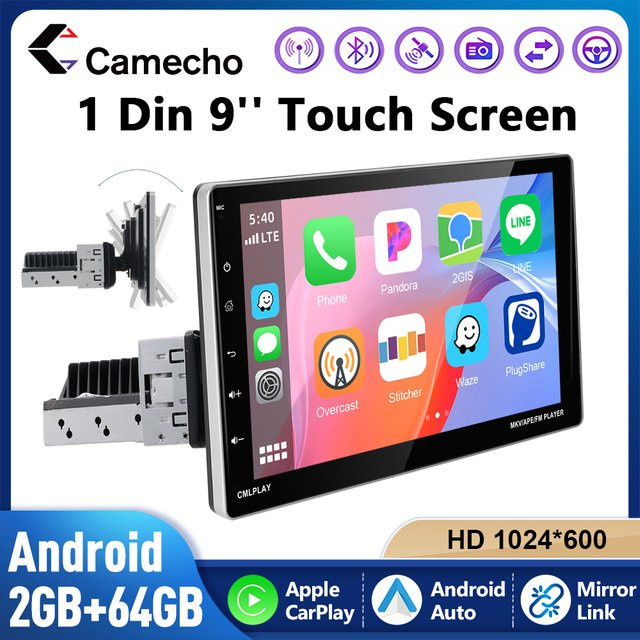 Camecho 1 DIN Autoradio mit 9 Zoll drehbarem Bildschirm, 64 GB Speicher, Wireless CarPlay, Android Auto, GPS, Bluetooth und WiFi in Schwarz - Bild 1