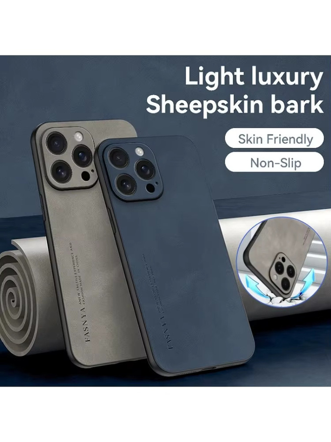 Luxuriöse Apple iPhone Handyhülle aus Leder und Schaffell mit Kameraobjektivschutz und matter Rückseite in Grau - Bild 5