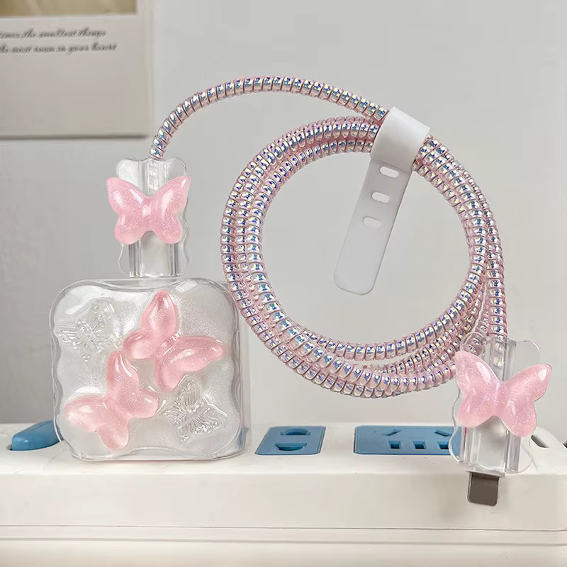Rosa 3D-Schmetterlings-Schutzhülle mit Wellenrand und Kabelwickler für Apple 18W/20W USB-Ladegeräte - Bild 3