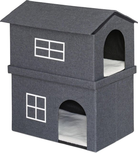 Relaxdays Katzenhaus mit 2 Etagen aus MDF und Polyester in Dunkelgrau und Weiß, faltbar, B/T/H: 71,5 x 44 x 62,5 cm - Bild 1