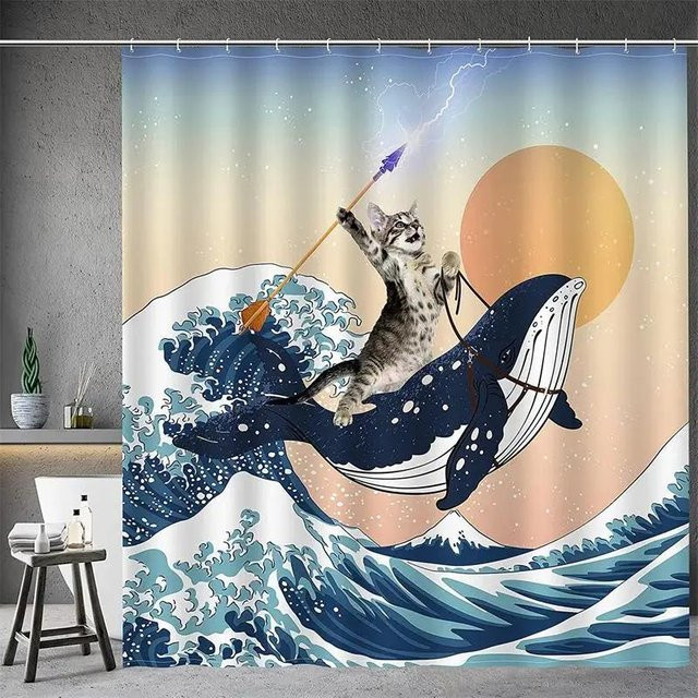 Duschvorhang mit lustigem Katzen-Motiv auf Dinosaurier und Surfbrett in Blau, Breite: 90 cm, Höhe: 180 cm - Bild 1