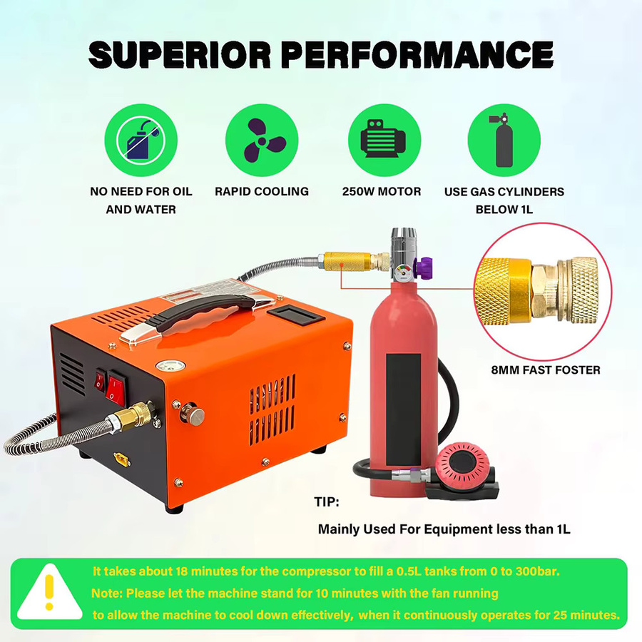Podofo Tragbarer PCP-Luftkompressor 4500Psi 30Mbar in Orange, 280W, 12V DC/220V AC, Ölfrei und Wasserfrei mit manuellem Stopp und externem Stromadapter - Bild 2