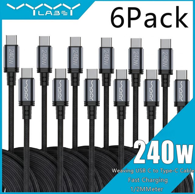 Vyvylabs 6er-Pack geflochtenes USB-C auf USB-C Kabel für schnelles Laden von iPhone 17 16 15 Pro Plus Max, Galaxy S25 S24 und iPad MacBook - Bild 1
