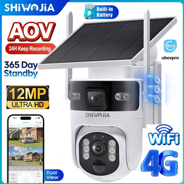 SHIWOJIA 12MP AOV Solar Kamera mit 4G SIM und WIFI, Drahtlose PTZ Sicherheitssicherheitssensoren mit Dual Objektiv, PIR Nachtsicht, Farbe: Weiß - Bild 1