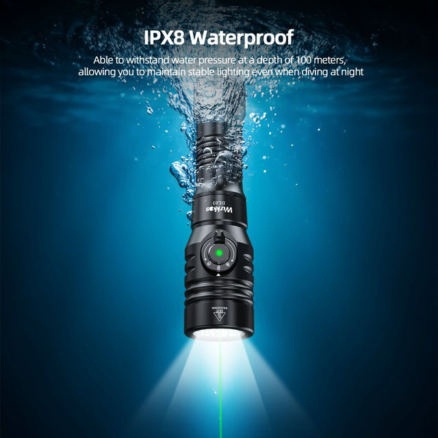 Wurkkos DL03 Tauchlampe in Schwarz mit 2800 Lumen, IPX8 wasserdicht, Weiß- und Grünlicht, Doppelschalter und Rückwärtsladung - Bild 1