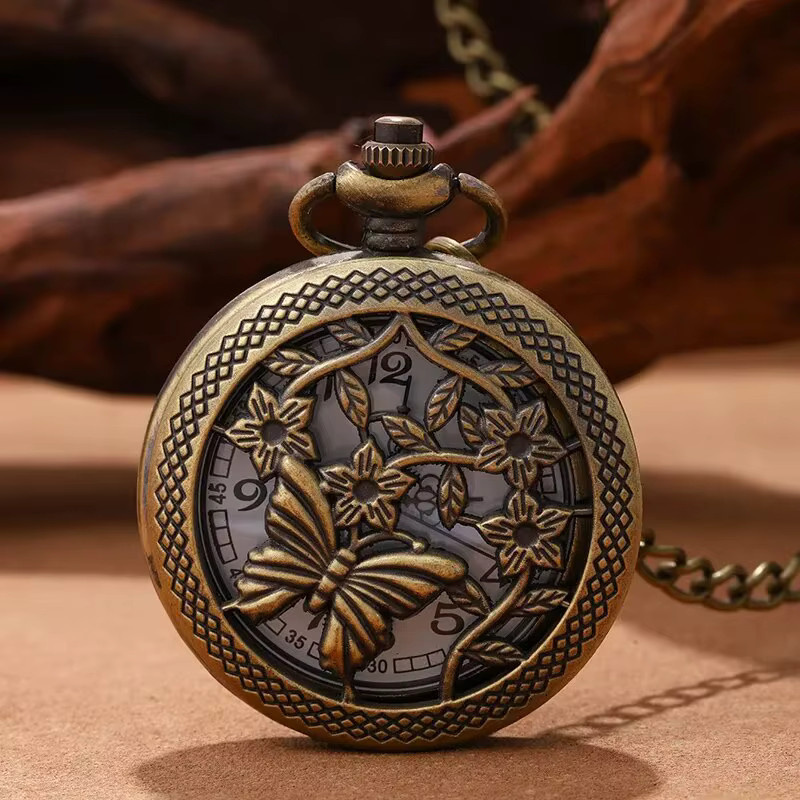DEYROS Taschenuhr Halskette Anhänger, Schmetterling, Quarz, Bronze, Unisex - Bild 3