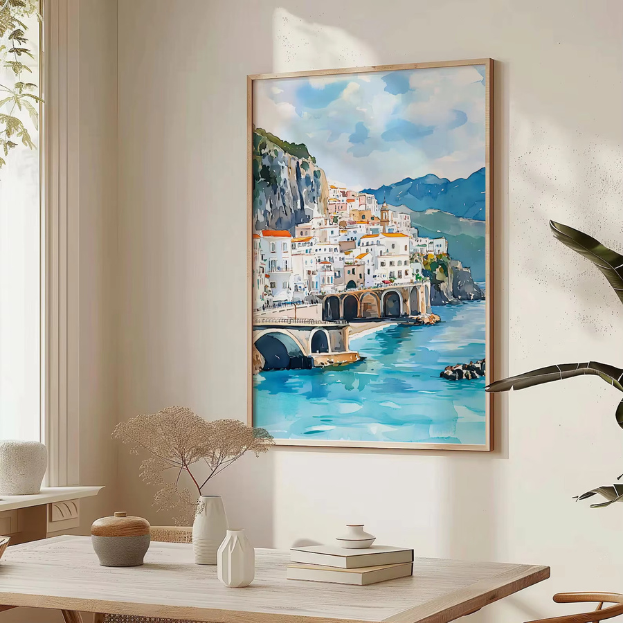 Aquarell Kunstdruck Amalfi Küste Italien als mediterrane Küstenlandschaft Wanddekoration in Mehrfarbig - Bild 3