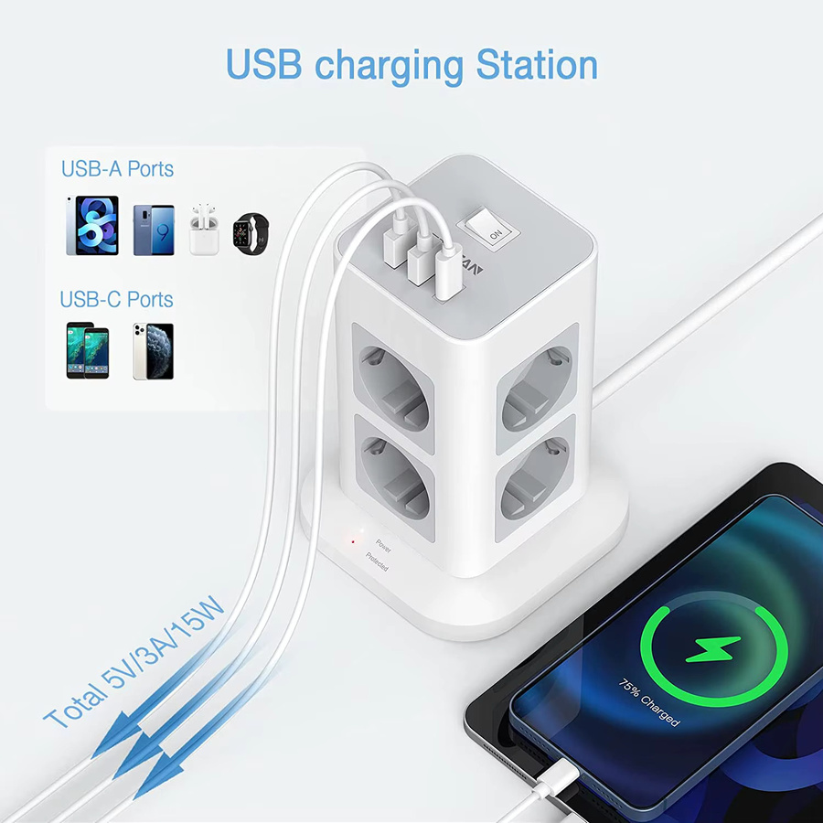 TESSAN Vertikale Mehrfachsteckdosenleiste in Weiß mit 8 Steckdosen, 2 USB-Anschlüssen, 1 USB-C Anschluss und 2m Verlängerungskabel inklusive Überspannungsschutz - Bild 3