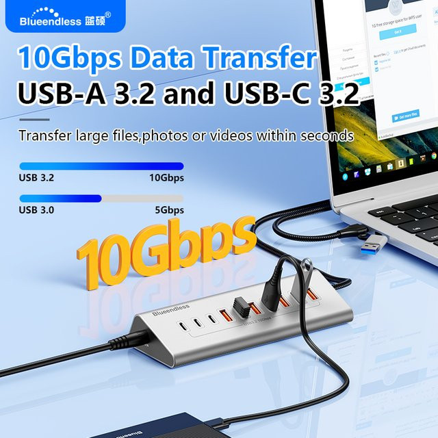Blueendless USB-C Dockingstation Aluminium 10Gbps USB 3.2 Gen2 4/10-Port HUB Splitter Adapter für PC Laptop MacBook in Silber - Bild 1